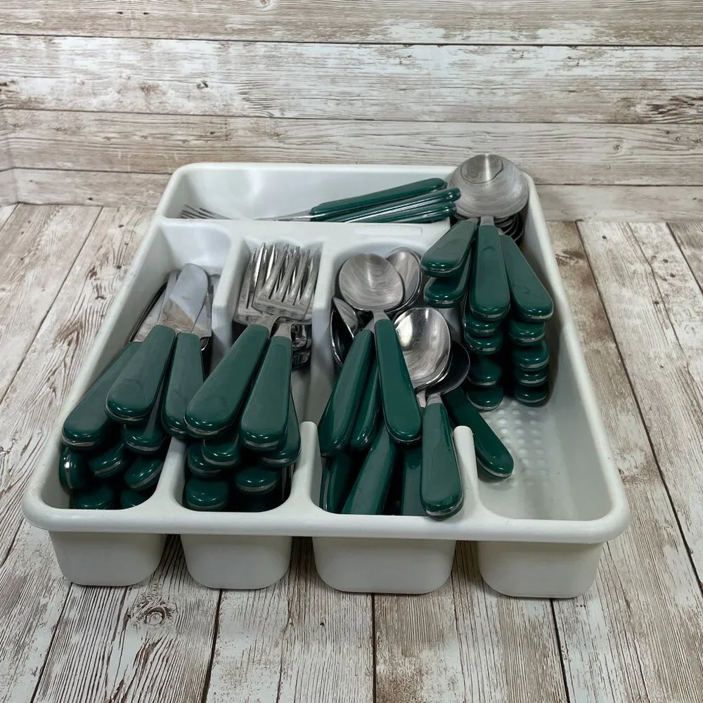 Vintage ONEIDA 55 Pc Lot Green Plastic Handle Utensil Stainless Steel Flatware